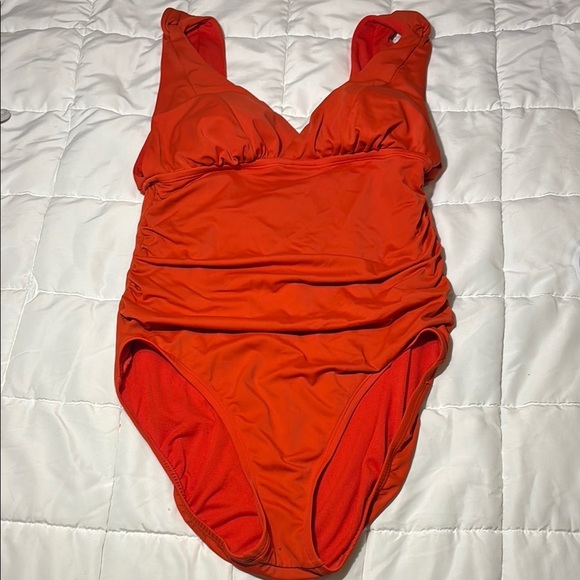 Plunge V-Neck One-Piece Full Coverage Swimsuit in Red/Orange - Picture 2 of 9